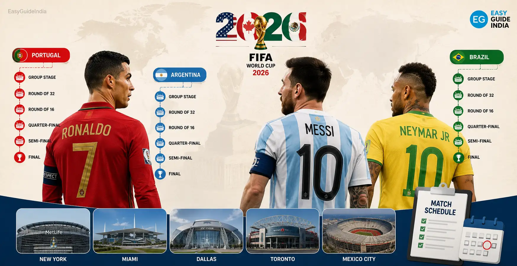 Messi, Ronaldo, and Neymar’s Complete FIFA World Cup 2026 Match Schedules & Stadium Paths